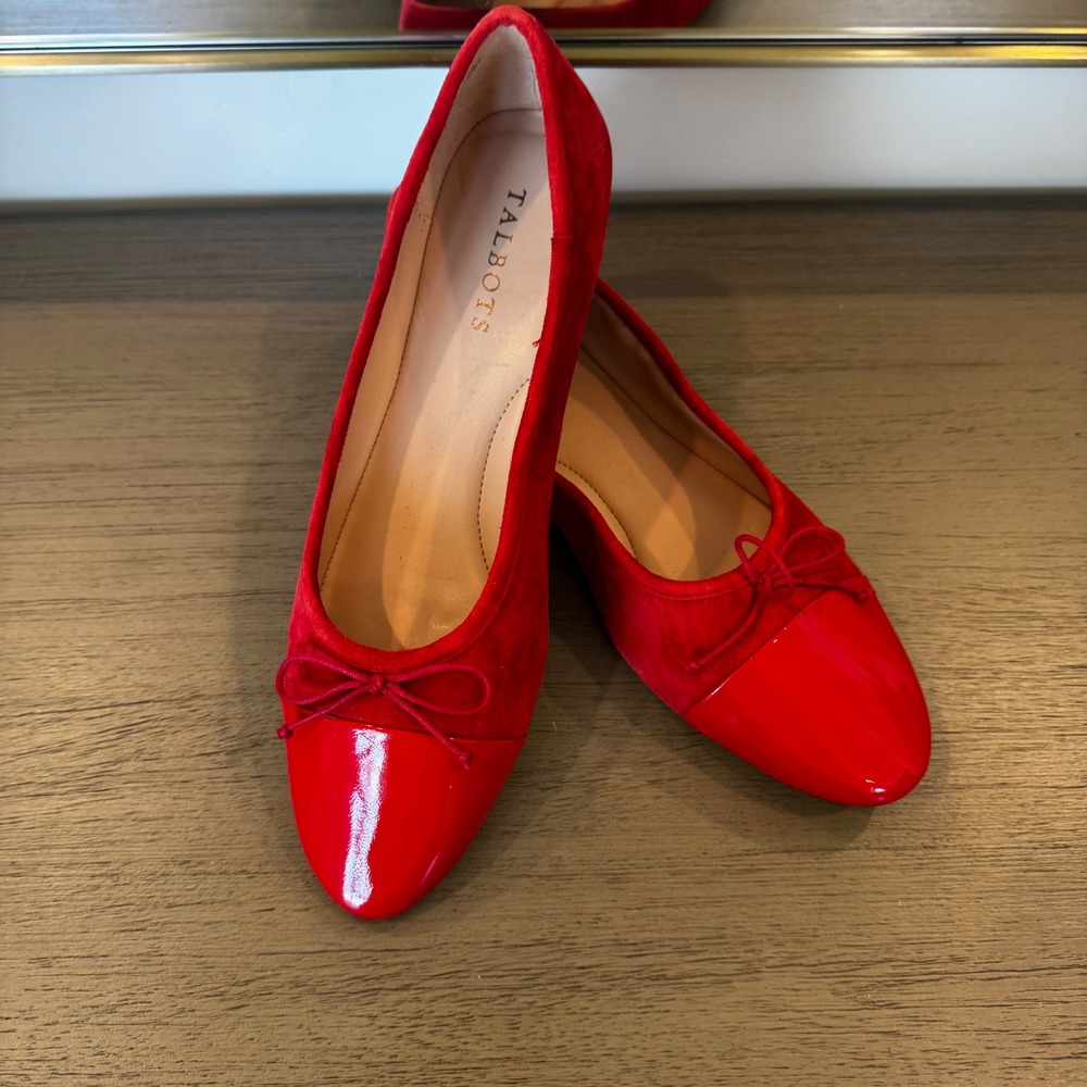 Talbots Women 9 M Red Suede Patent‎ Cap Toe Ballet Flats Bow Detail Low Heel - Picture 5 of 13